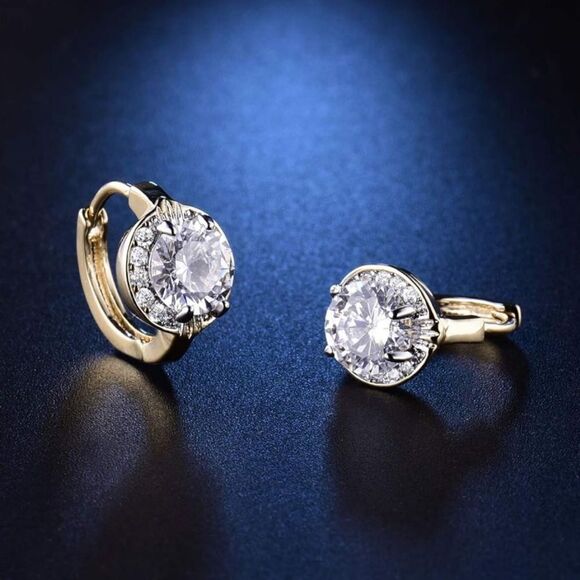 14K Yellow Gold with White Diamond Cubic Zirconia Halo Huggie Hoop Drop Earrings - Picture 5 of 13